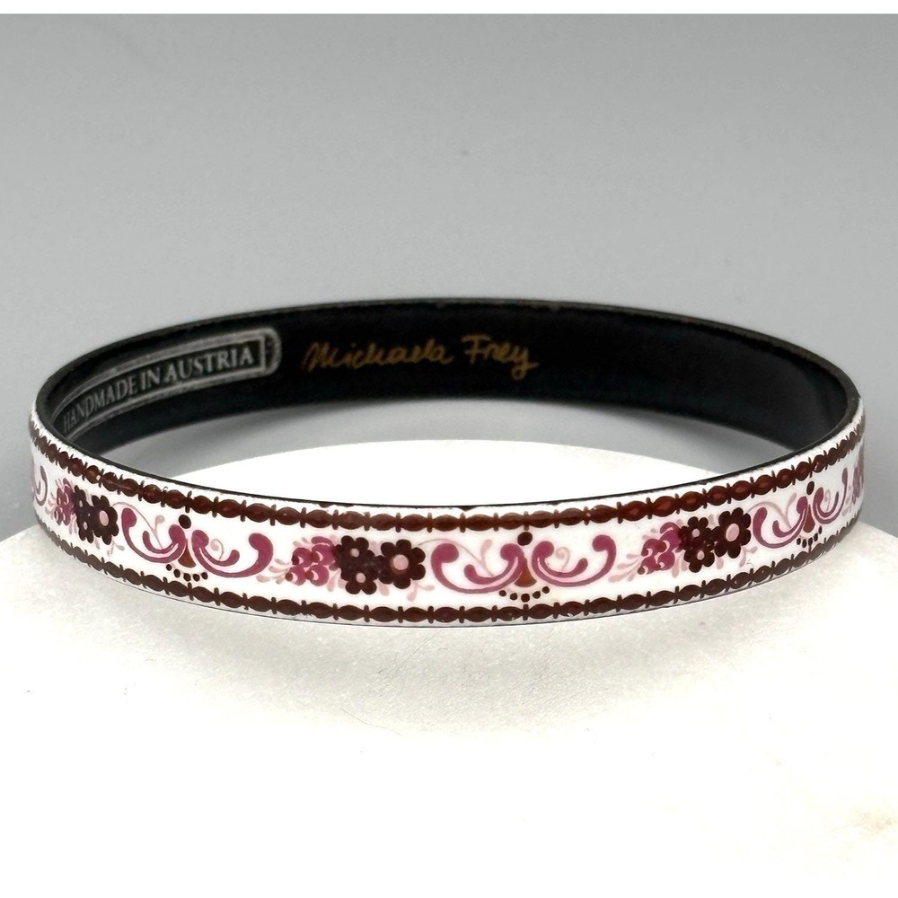 Vintage Michaela Frey Pink White Enamel Floral Bangle AUSTRIA Bracelet 7.5"